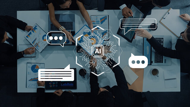 A dynamic business meeting centered around artificial intelligence concepts featuring charts, laptops, and communication bubbles, symbolizing innovation and teamwork. Gantry