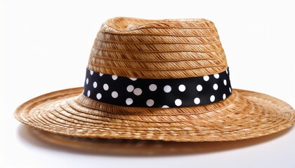 polka doted straw hat isolated on white background