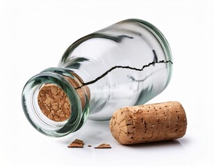 clear glass bottle with cork and crack isolated on a white background