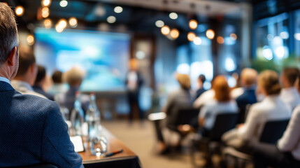 Defocused business meeting presentation, blurred corporate communication, professional seminar scene, with copy space
