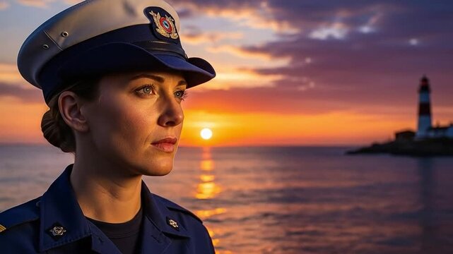 Coast Guard Female Officer at Sunset by Lighthouse in Ocean Background