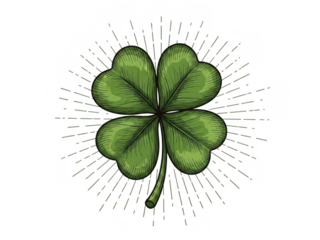 Lucky four leaf clover with sunburst lines on transparent background