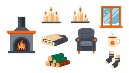 Cozy winter essentials with fireplace, armchair, and warm accessories