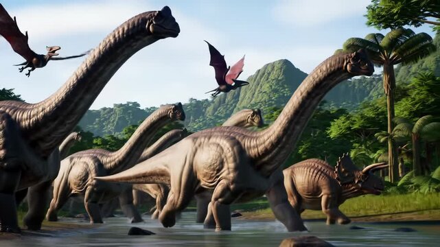 Majestic Brachiosaurus-like sauropods and Triceratops lumber through a lush, sun-drenched primordial valley with soaring Pterodactyl. Epic prehistoric nature.