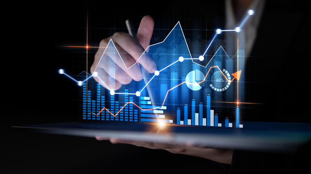 A close-up of a digital tablet displaying advanced data visualization with charts and graphs, representing analysis and strategic insights for business growth. Scalp - Powered by Adobe