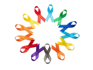 Colorful awareness ribbons in a circle on isolated transparent background