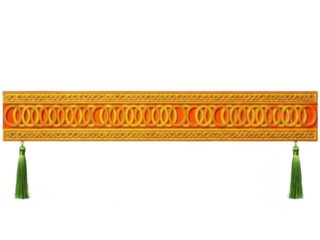 Vibrant orange and gold decorative border with green tassels on transparent background