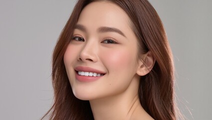 Naklejka premium Asian woman with long brown hair and a radiant smile, showcasing natural beauty in a soft-lit studio environment, emphasizing confidence and positivity