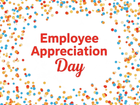 Multicolored confetti surrounding employee appreciation day text on transparent background - Powered by Adobe