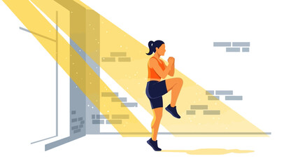 Woman exercising indoors with sunlight streaming through window