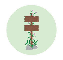 Vector drawing of wooden signposts surrounded by vegetation with flowers