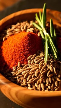 Aromatic spices including paprika and cumin seeds with rosemary in a wooden bowl for culinary preparation, close up, macro detail, vibrant color, ingredients for cooking and recipes