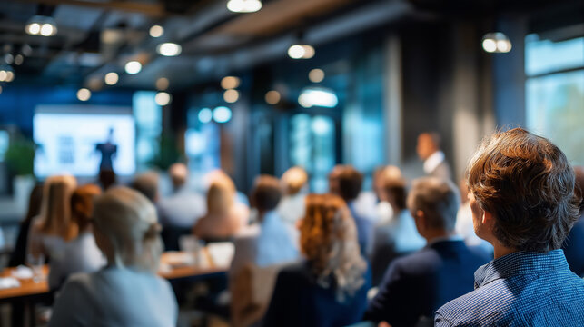 Defocused audience engaged in corporate presentation within modern conference setting, blurred professional gathering scene, with copy space - Powered by Adobe