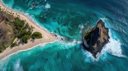 Aerial top view of tropical island with turquoise ocean waves and rocky cliff surrounded by sandy beach background Concept of exotic travel paradise