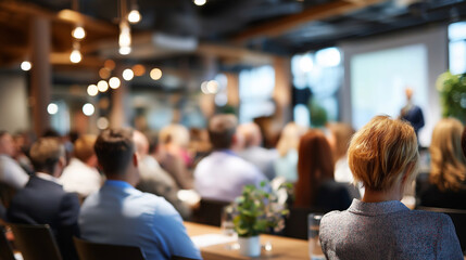 Defocused audience in modern conference room listening to presenter with projector, blurred corporate seminar scene, with copy space
