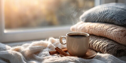 Cozy warm coffee mug with cinnamon sticks near window, soft wool blankets and sunlight, autumn winter home comfort relaxation concept with steam and knitted texture in natural morning light