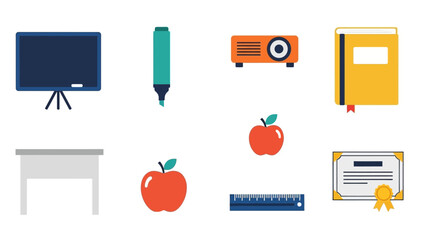 Flat style classroom elements: chalkboard, marker, projector, book, desk, apple, ruler, certificate
