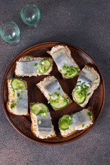 Homemade sandwiches with salted herring, egg, cucumber and green onion on brown plate