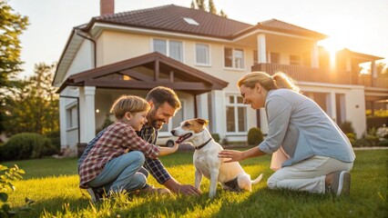 Smiling Father, Mother and Son Pet and Play with Smooth Fox Terrier Retriever Dog. Sun Shines on Idyllic Happy Family with Loyal Pedigree Dog have Fun at the Idyllic Suburban House Backyard