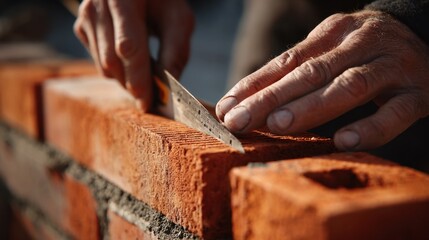 Worker lays brick with careful hands at construction site in bright day