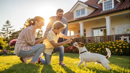 Smiling Father, Mother and Son Pet and Play with Smooth Fox Terrier Retriever Dog. Sun Shines on Idyllic Happy Family with Loyal Pedigree Dog have Fun at the Idyllic Suburban House Backyard