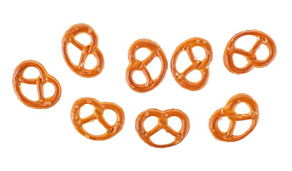 Crispy pretzels isolated on a white background, top view. Bavarian beer snack. Salted pretzels crackers.