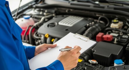 Auto mechanic inspecting car engine with clipboard and pen