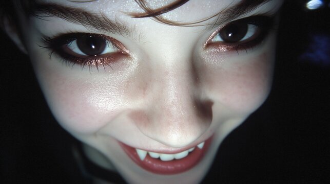 Close up of young caucasian woman with dark hair smiling mischievously in low light with dramatic shadows Concept of mystery and playful mood