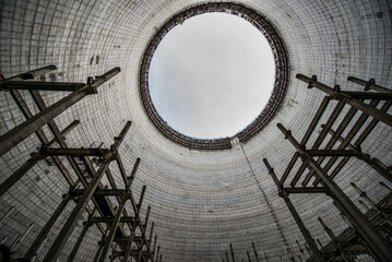 Naklejka premium Inside unfinished cooling tower of reactor 5 of Chernobyl Nuclear Power Plant in Chernobyl Exclusion Zone, Ukraine