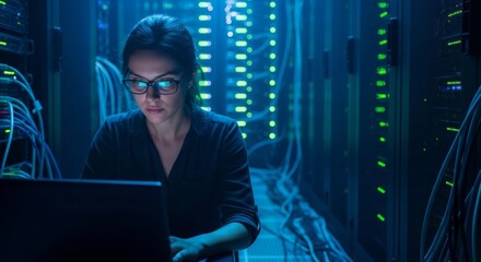 Woman engineer focused on laptop in data center