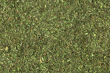 Green dried mint or spearmint as background, top view. Texture of dried mint, spice, seasoning.