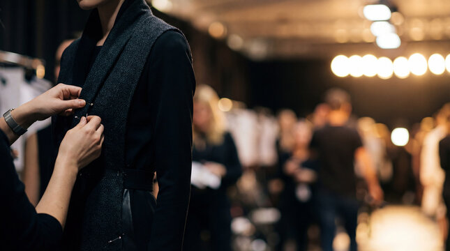 Backstage tailor adjusts fashion look. Fashion fitting on runway model, close hands pin fabric, fashion week preparation, couture styling concept with copy space, warm bokeh lights