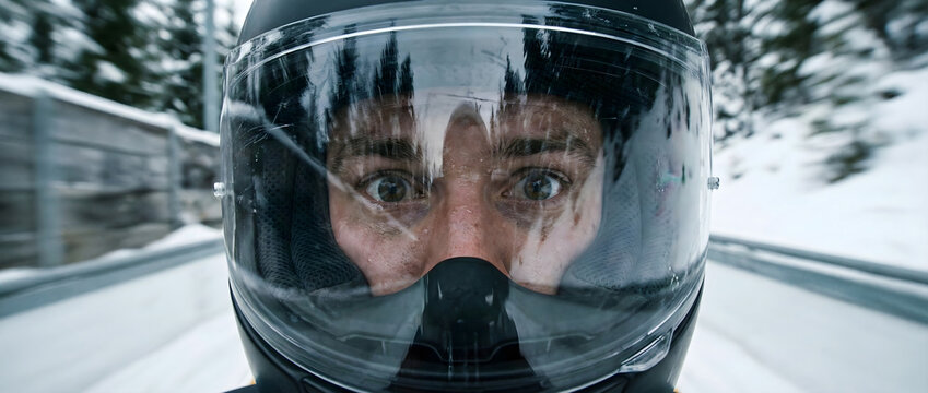Close-up portrait of bobsleigh racer face inside helmet visor speeding down frozen ice track with motion blur background
