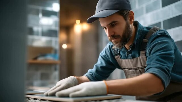 Faceless worker repairman carefully placing large format ceramic tiles defocused bathroom room walls background with adhesive professional installation work tiling project