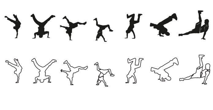 Dynamic collection of breakdancing poses showcasing various b-boy moves and freezes