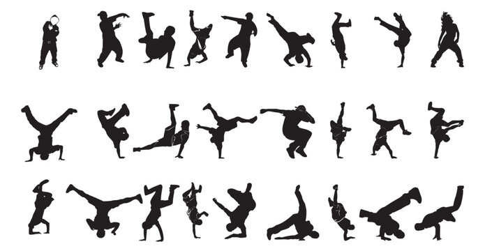 Dynamic silhouettes showcasing energetic breakdance poses and acrobatic moves style 