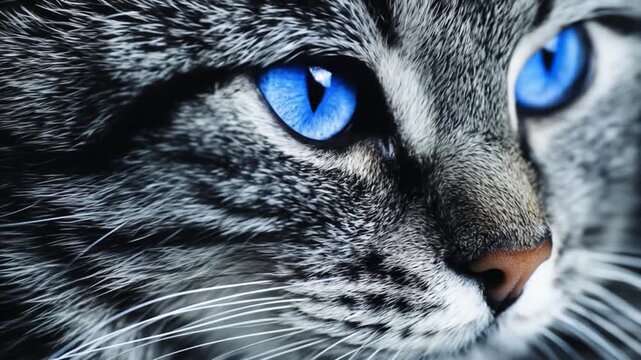 Close up of domestic cat face with bright blue eyes