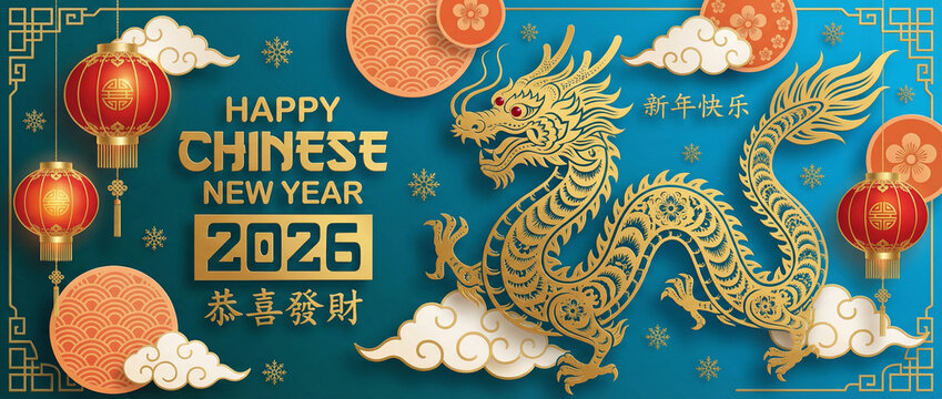 Happy chinese new year 2026. Year of Dragon charector with asian style on skyblue background. Chinese translation is mean Year of Dragon Happy chinese new year.