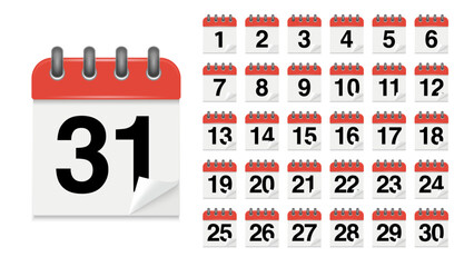 Red Desk Calendar Date Vector Set – 1, 2, 3, 4, 5, 6, 7, 8, 9, 10, 11, 12, 13, 14, 15, 16, 17, 18, 19, 20, 21, 22, 23, 24, 25, 26, 27, 28, 29, 30, 31, All Days of Year, Calendar Icons.