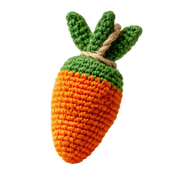 Whimsical crocheted carrot toy with green leafy top tied with twine