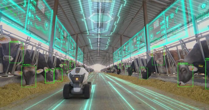 Smart dairy farm inside. Cow Feeding Robot. Autonomous feeder robot works on a smart dairy farm. AI-Based Smart Monitoring Framework for Livestock Farms. Monitoring Health and Managing of Livestock.