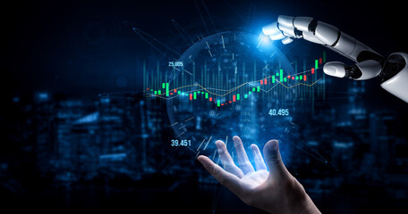 A robotic hand interacts with digital data, representing stock market trends and financial analytics in a modern, technology-driven environment. Scalp