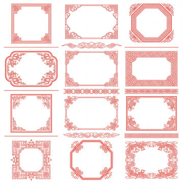 Red Asian red knot frames and borders. Korean, chinese and japanese knot vector embellishment. Chinese red pattern ornaments and asian oriental corner frames or geometric borders