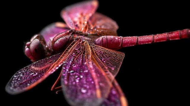 Close up of vibrant dragonfly with detailed wing structure on black background