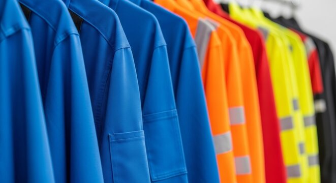 Row of colorful high-visibility safety workwear jackets
