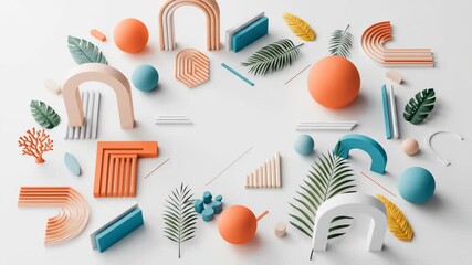 Abstract tropical composition with geometric forms. Contemporary 3D motion graphics animation.