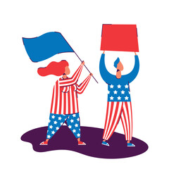 Vector flat illustration. People dressed in clothes with white stars and red stripes holds banner, flag and protests. Concept of rally, support of democracy, USA human rights, protest, power, freedom