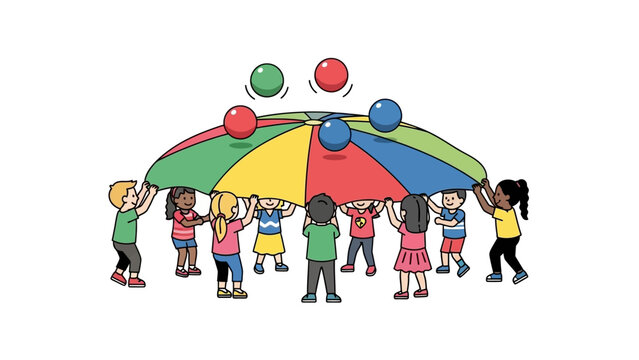 Diverse children playing with colorful parachute and balls in fun outdoor activity