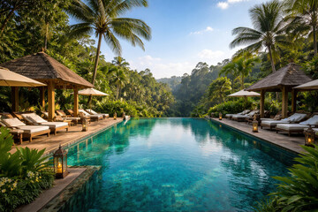 Luxurious Bali resort with infinity pool, tropical jungle backdrop, elegant villas with thatched roofs, teak accents, private terraces, golden sunlight, cinematic atmosphere, tropical paradise.