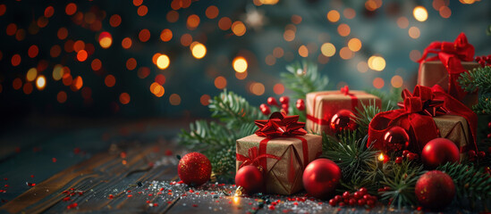 Festive Gifts and Ornaments: An array of wrapped presents and vibrant red ornaments are beautifully arranged on a rustic wooden surface, creating a warm, inviting scene of holiday cheer.